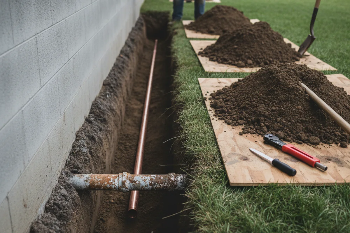 Excavated water line trench during Sewer Line Repair in Inver Grove Heights